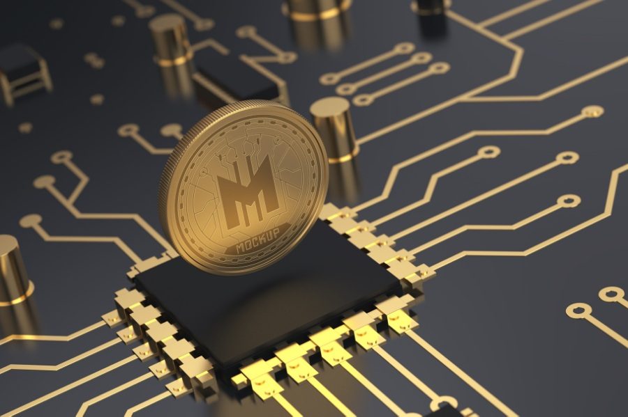 有点像比特币一样的ps样机场景,可用于纪念硬币上的logo展示样机素材