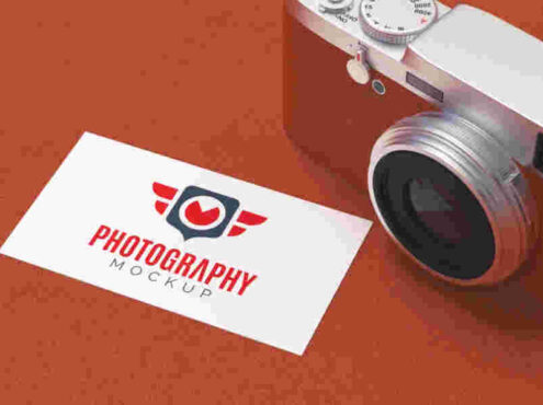 适合摄影机构、婚纱摄影、摄影工作室的名片logo样机素材，带相机ps样机场景