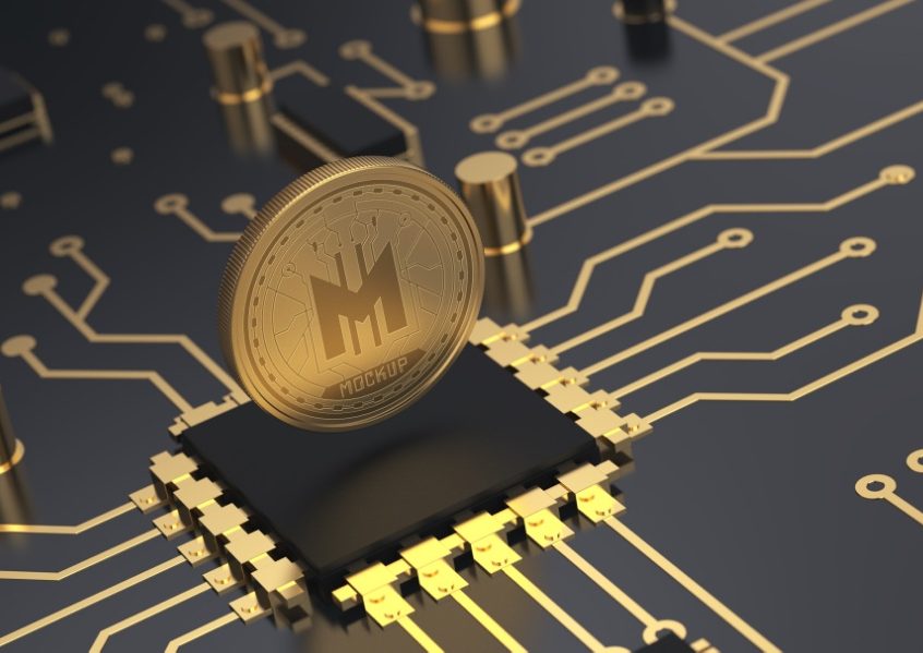 有点像比特币一样的ps样机场景，可用于纪念硬币上的logo展示样机素材